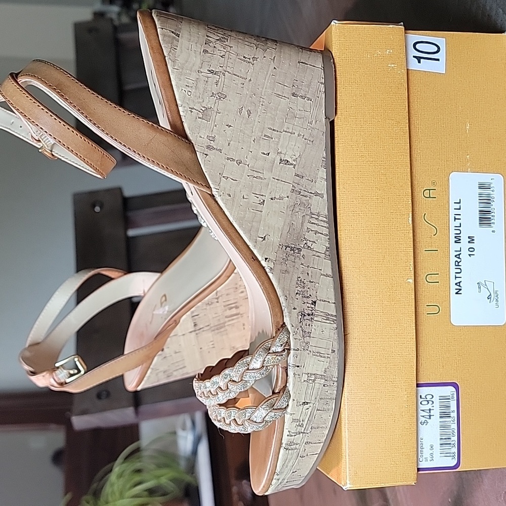 Sz 10 Women's 4" Wedge Shoe - gold sparkle and cork wedge